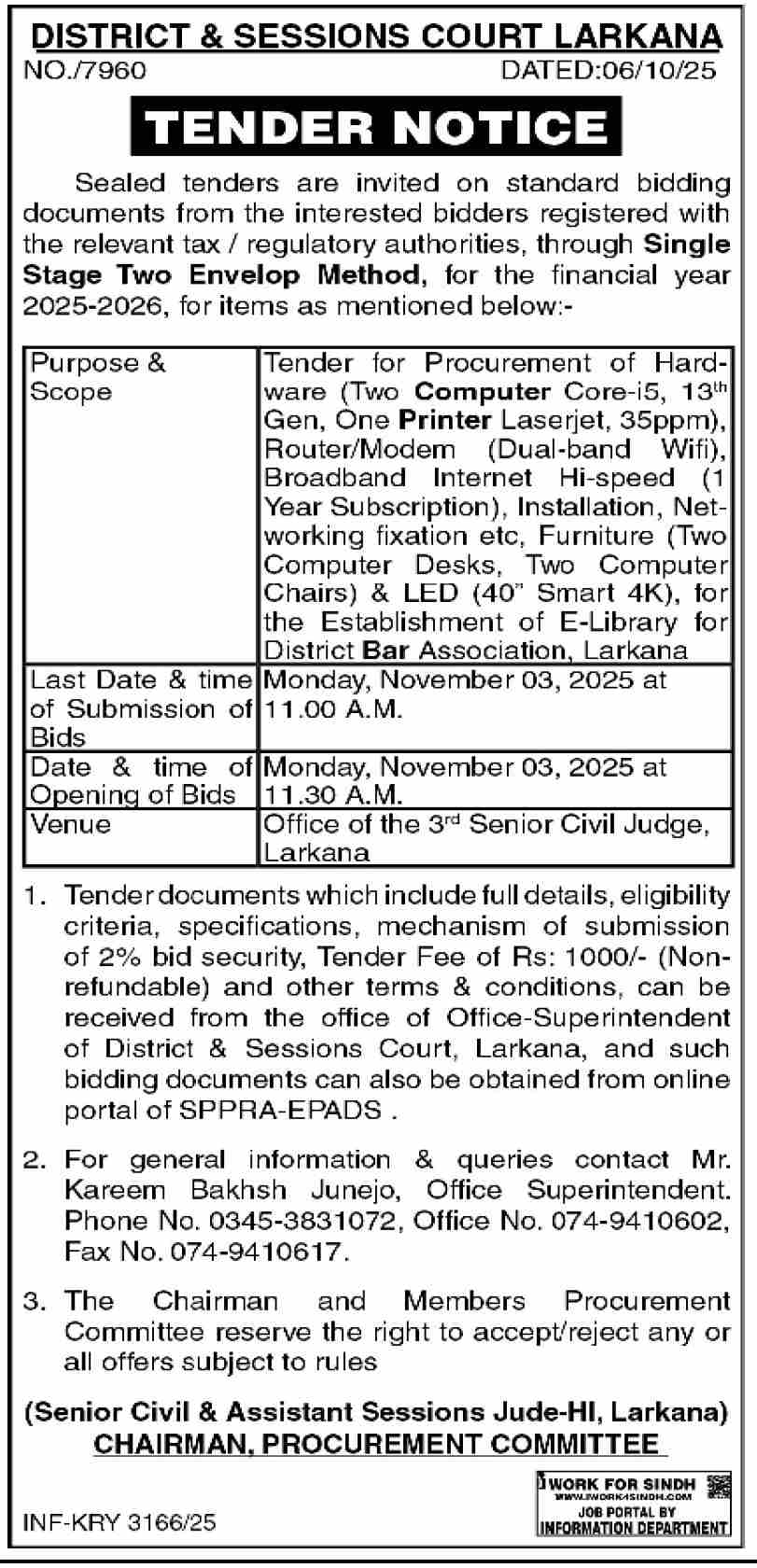 District & Session Court Larkana Tender Notice